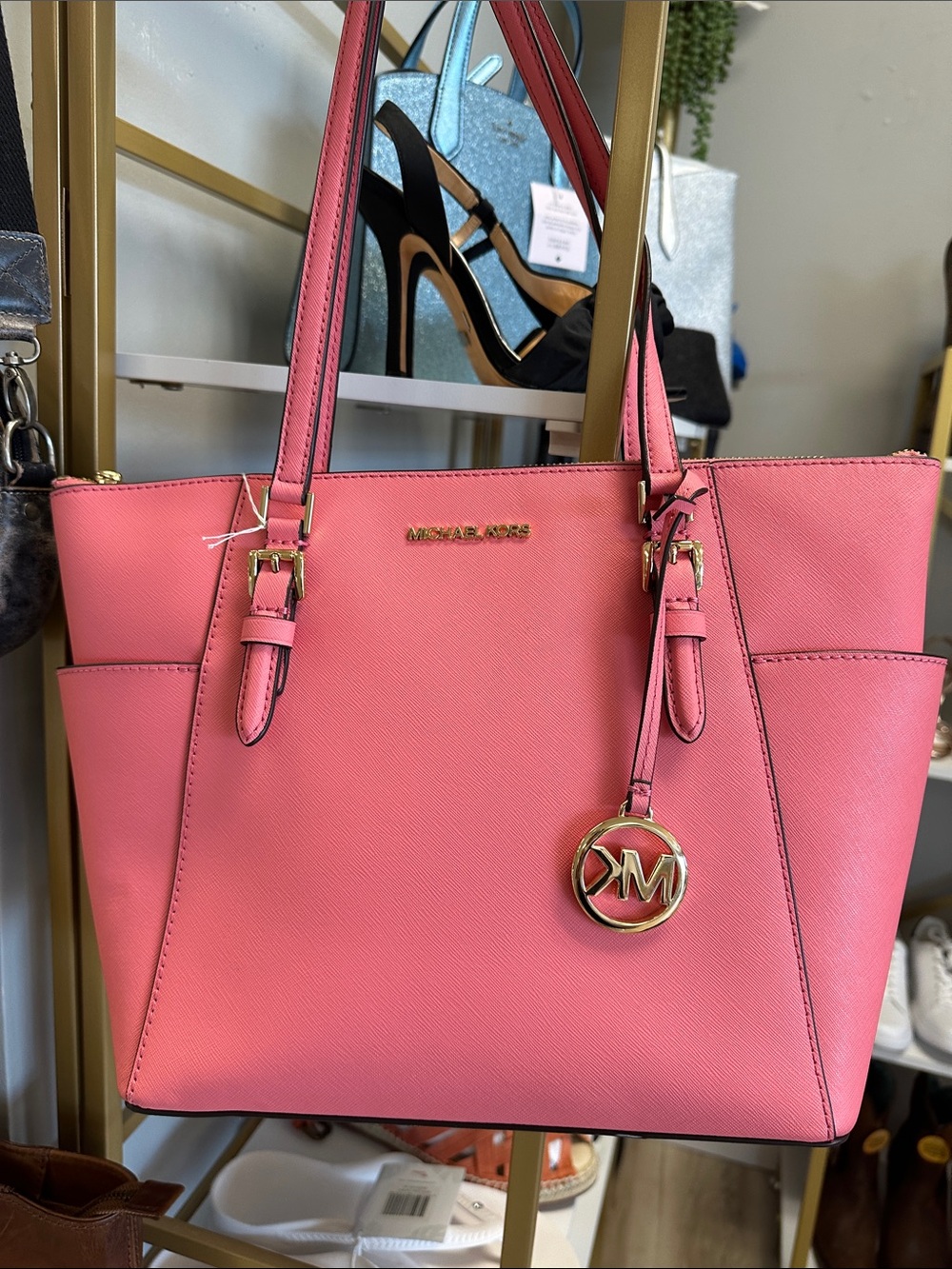 Michael Kors Coral Pink Saffiano Leather Tote with Gold Hardware